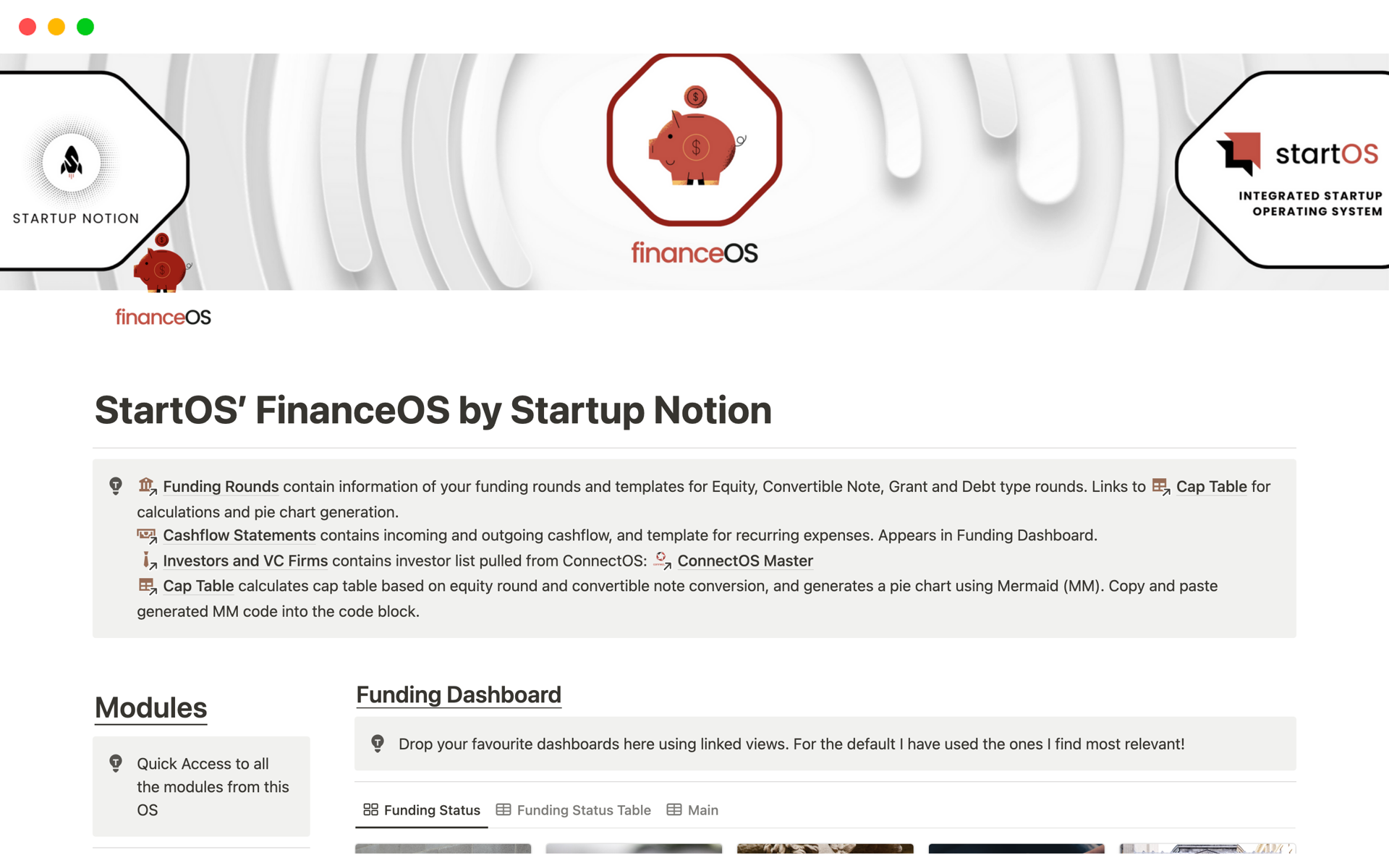 A template preview for StartOS’ FinanceOS by Startup Notion